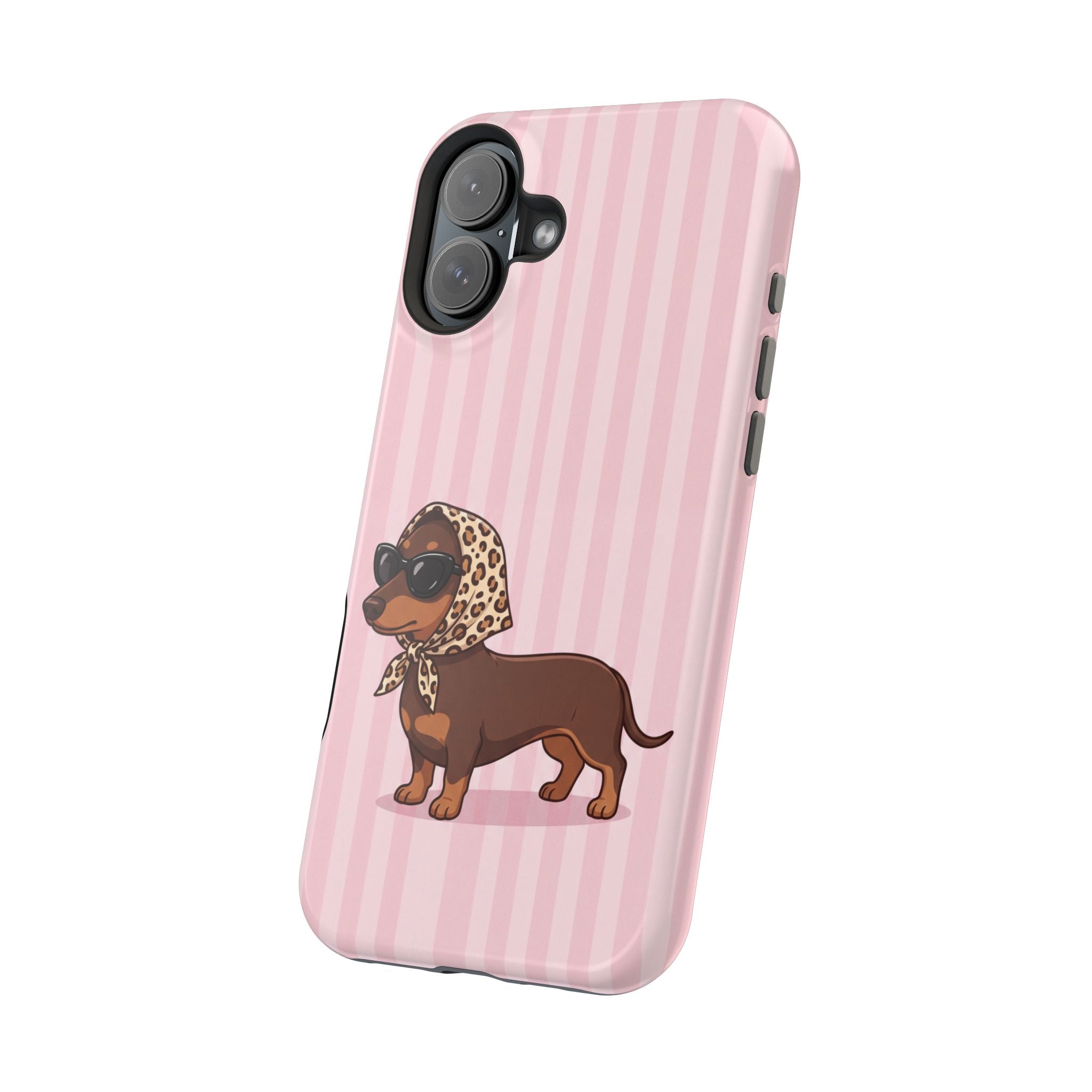 Glam Dachshund Phone Case | Cute Sausage Dog in Leopard Scarf & Sunglasses | Pink Stripe Case for iPhone & Samsung