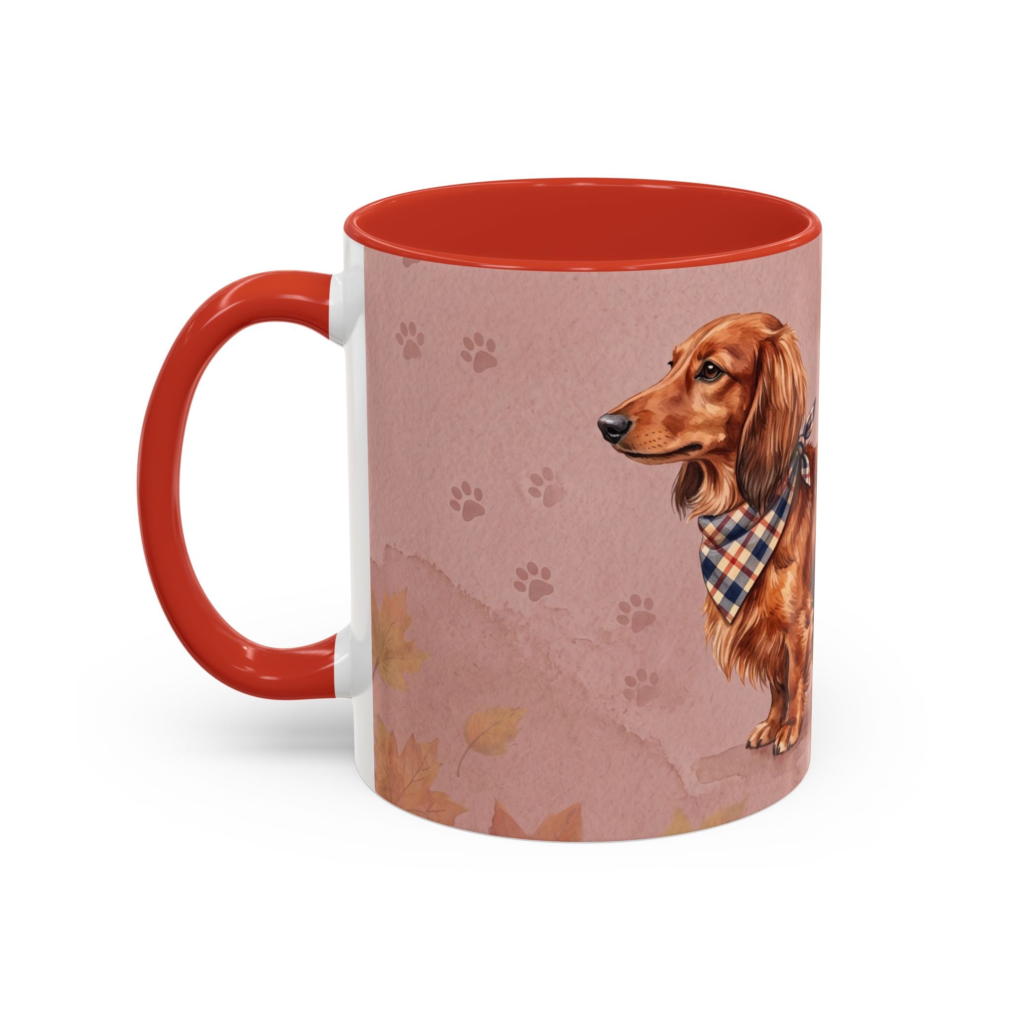 Dachshund Lover Mug | Long-Haired Wiener Dog with Plaid Bandana, Dusty Rose Watercolor Dog Gift