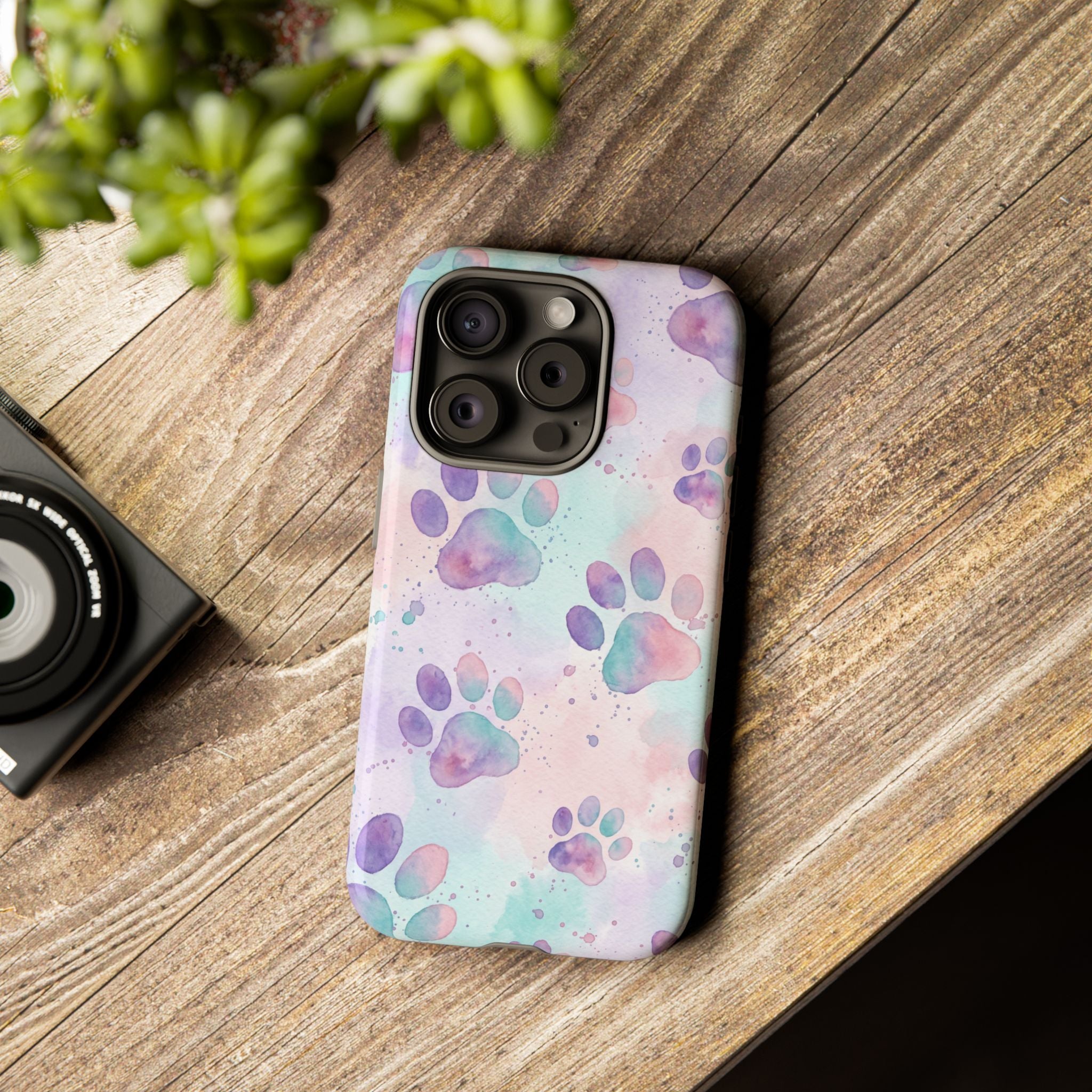 Watercolor Paw Print Phone Case | Pastel Purple, Teal & Pink Artistic Pattern | Samsung & iPhone