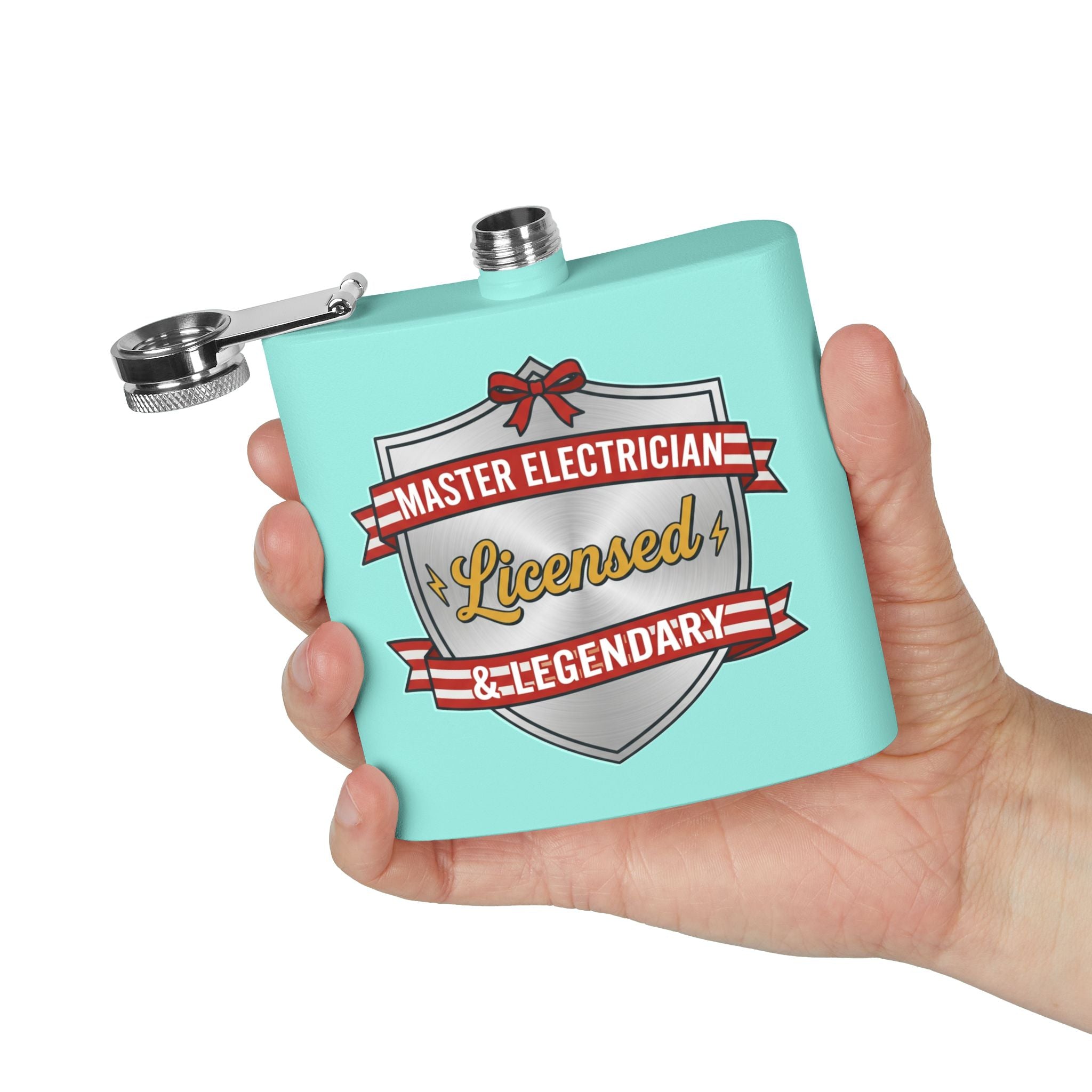Flask — "Master Electrician: Licensed & Legendary" (Shield Badge) 6oz Stainless Steel Hip Flask
