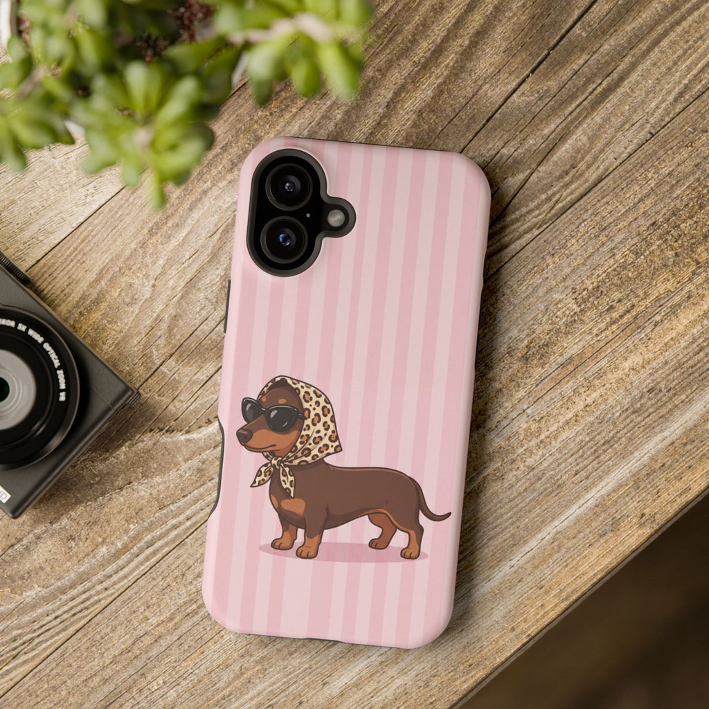 Glam Dachshund Phone Case | Cute Sausage Dog in Leopard Scarf & Sunglasses | Pink Stripe Case for iPhone & Samsung