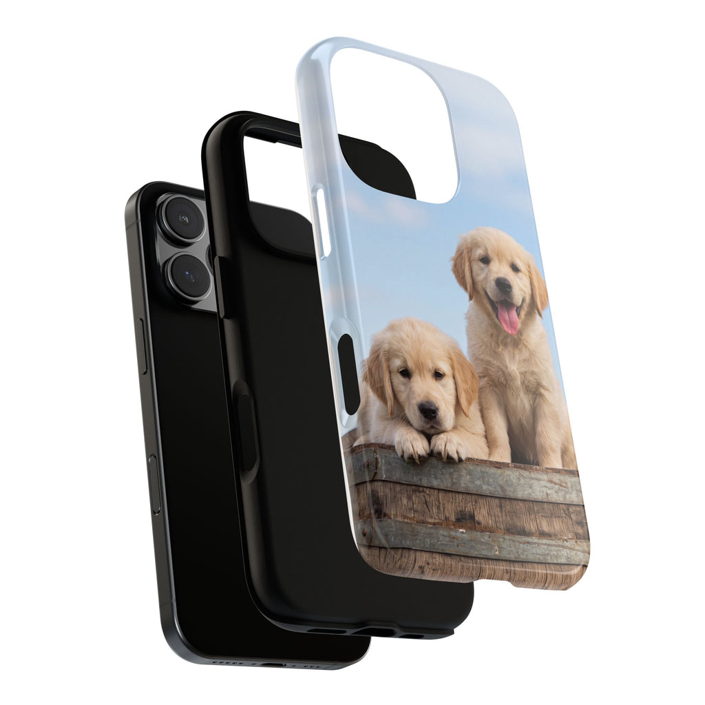 Golden Retriever Puppies on Barrel Phone Case | Cute Duo Under Blue Sky | iPhone & Samsung