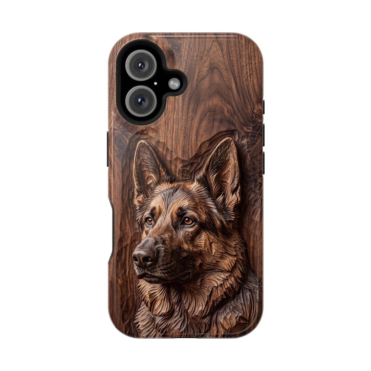 German Shepherd Phone Case | Carved Walnut Art — Tough Magnetic Case with Wireless Charging