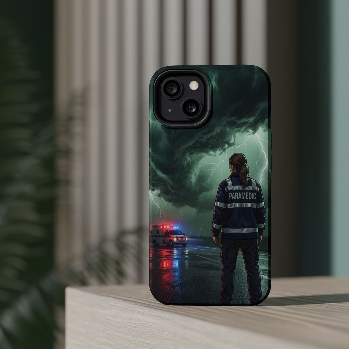Female Paramedic Green Storm Phone Case — Magnetic Wireless Charging Cover