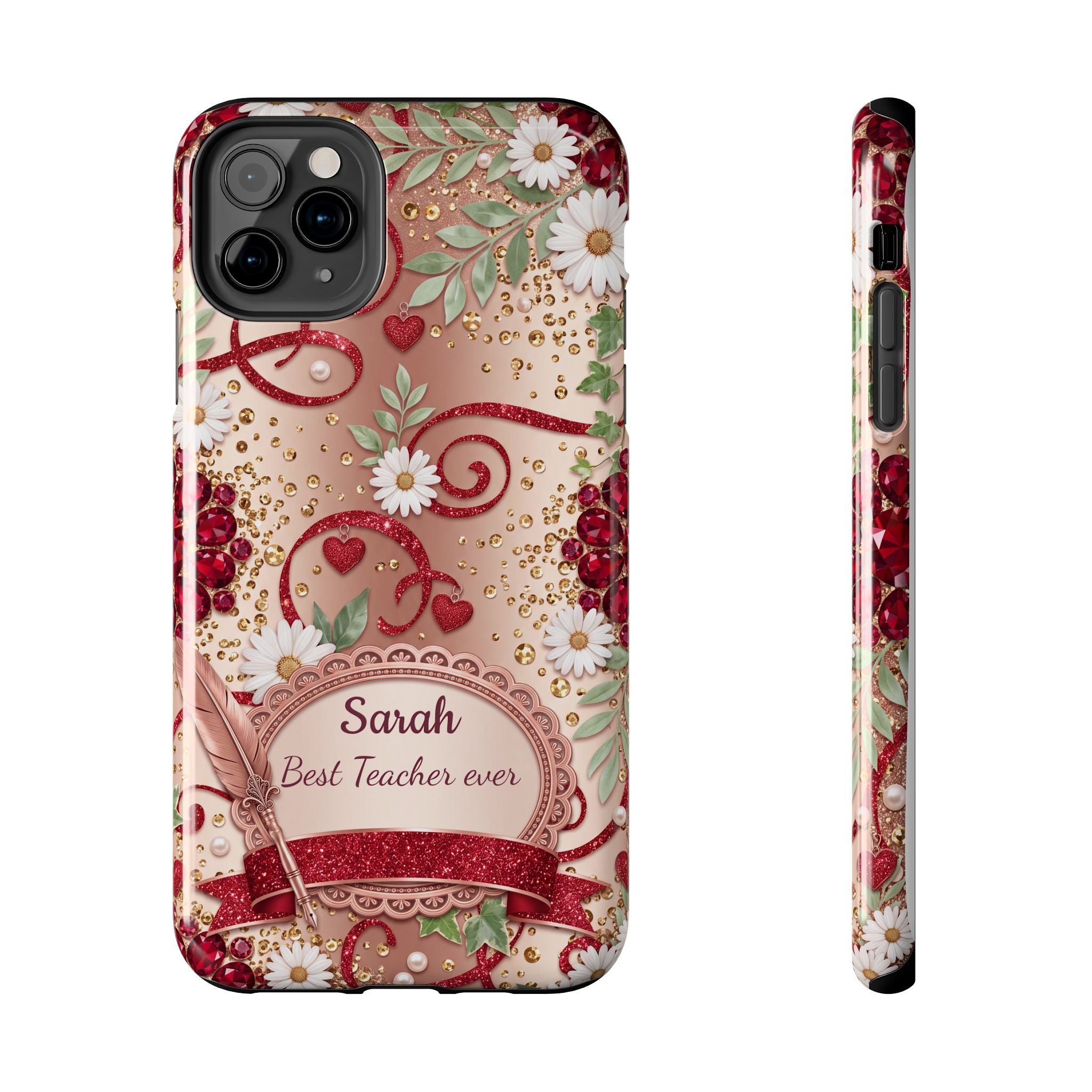 Personalized Teacher Phone Case — Custom Name and Message - Floral Jeweled Design