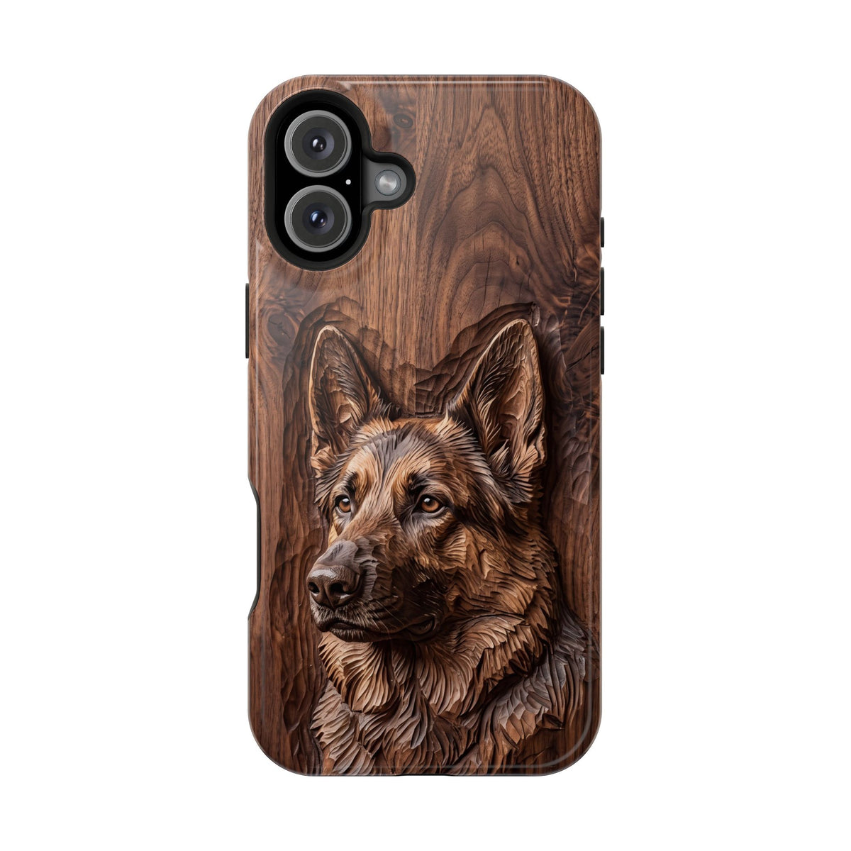 German Shepherd Phone Case | Carved Walnut Art — Tough Magnetic Case with Wireless Charging