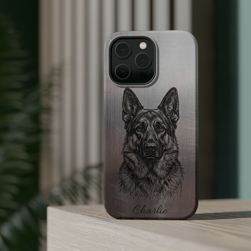 German Shepherd Phone Case | Personalized Etched Silver Art — Tough Magnetic Case with Wireless Charging