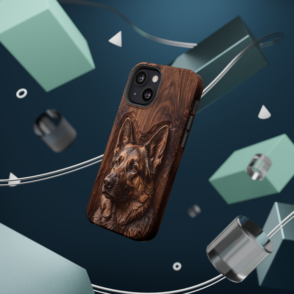 German Shepherd Phone Case | Carved Walnut Art — Tough Magnetic Case with Wireless Charging