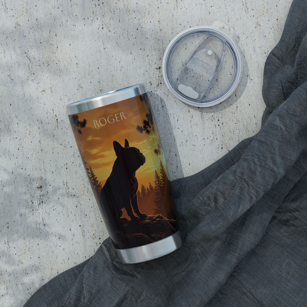 Frenchie Stainless Tumbler — 20 oz Personalized Travel Mug with Forest Sunset Silhouette Design