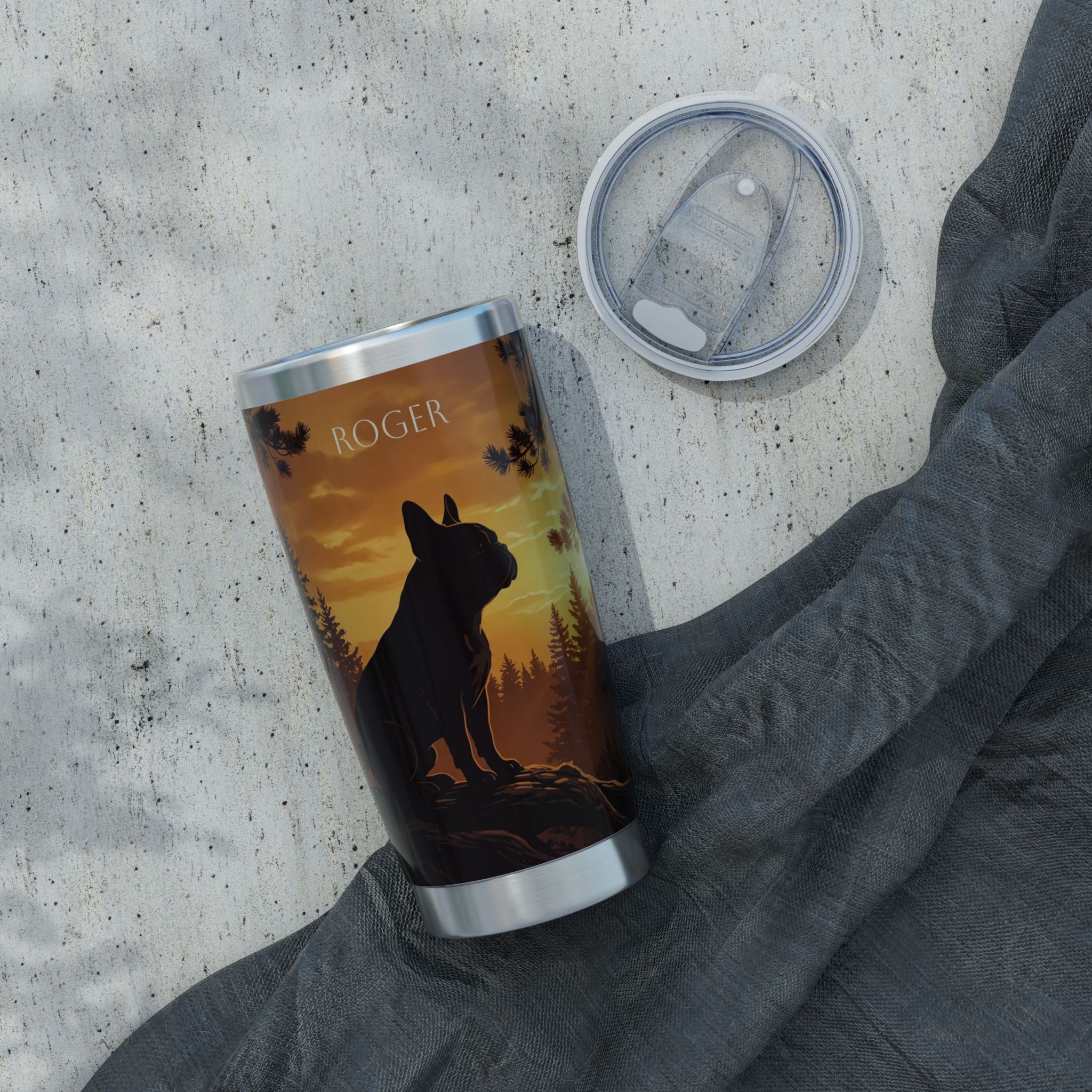 Frenchie Stainless Tumbler — 20 oz Personalized Travel Mug with Forest Sunset Silhouette Design
