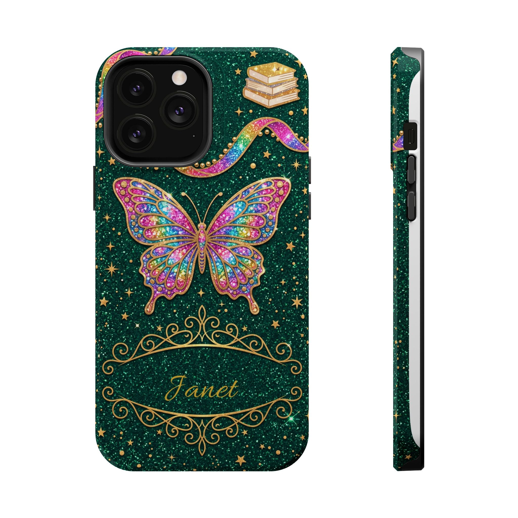 Rainbow Glitter Butterfly Personalized Teacher Phone Case — Wireless Charging Cover