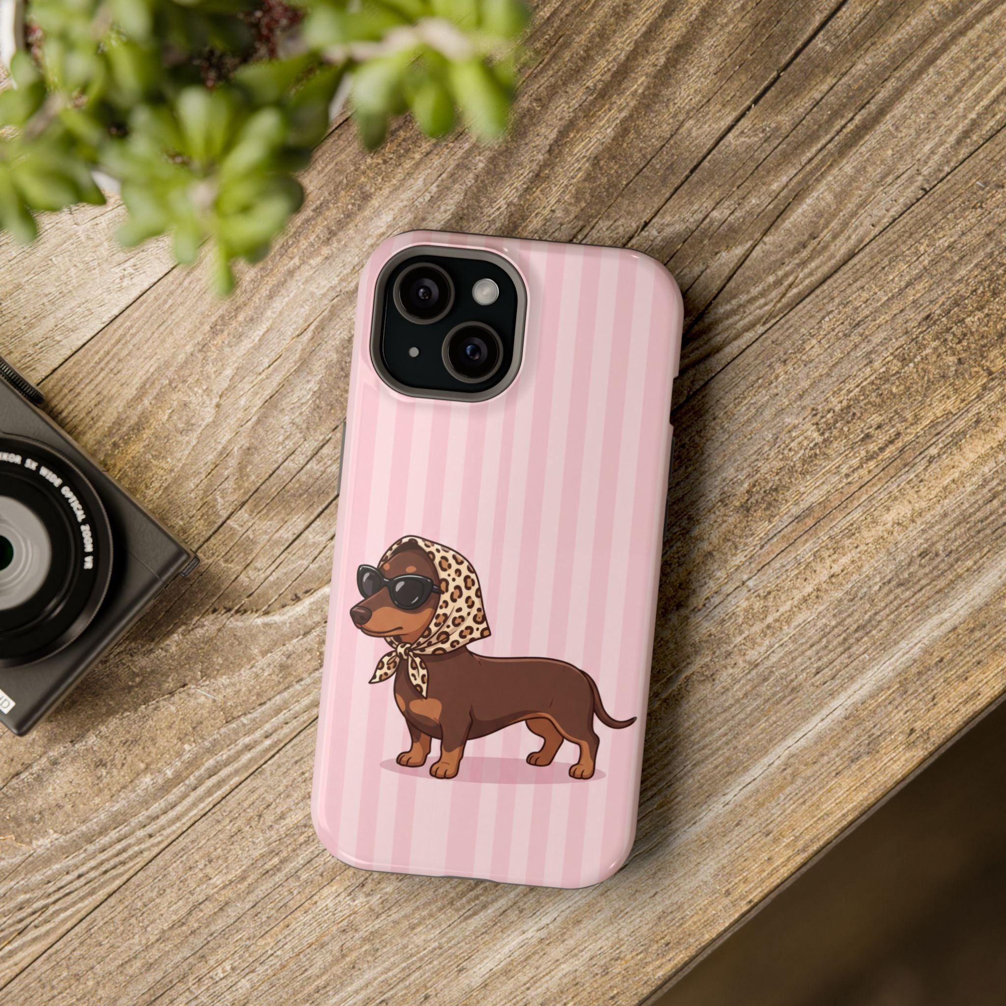 Glam Dachshund Phone Case | Cute Sausage Dog in Leopard Scarf & Sunglasses | Pink Stripe Case for iPhone & Samsung