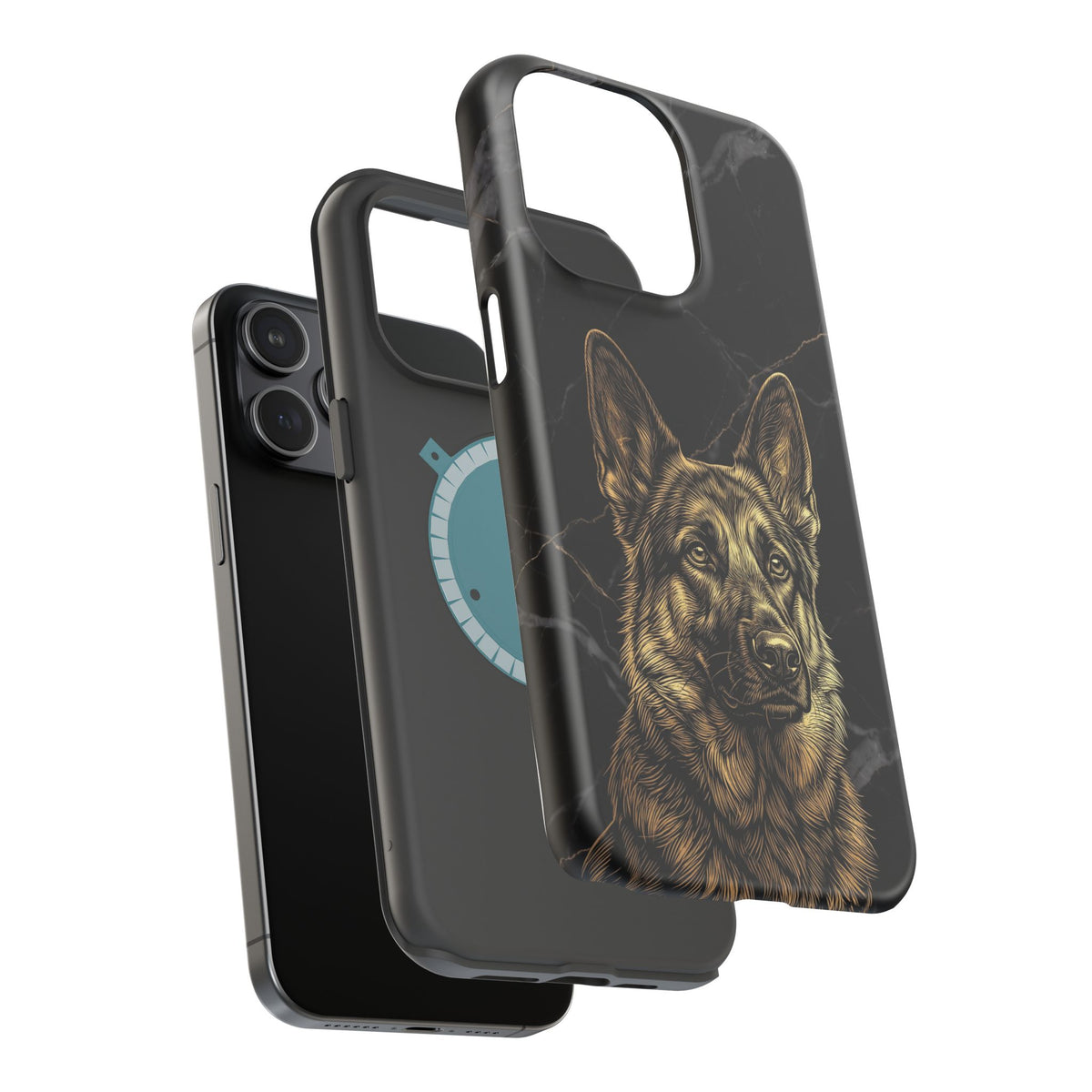 German Shepherd Phone Case | Black Marble Gold Sketch Art — Tough Magnetic Case with Wireless Charging