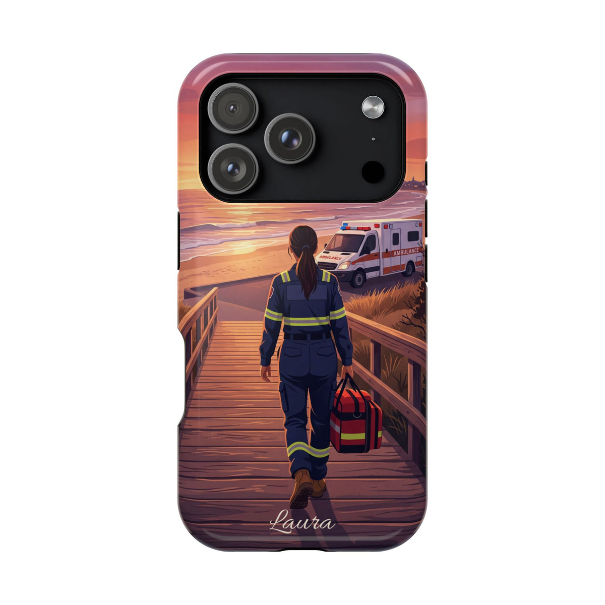 Sunset Boardwalk Personalized Paramedic Phone Case — Wireless Charging Cover