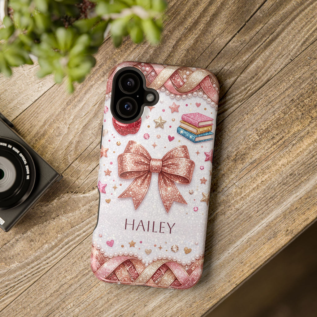 Rose Gold Glitter Bow Personalized Teacher Phone Case — Wireless Charging Cover