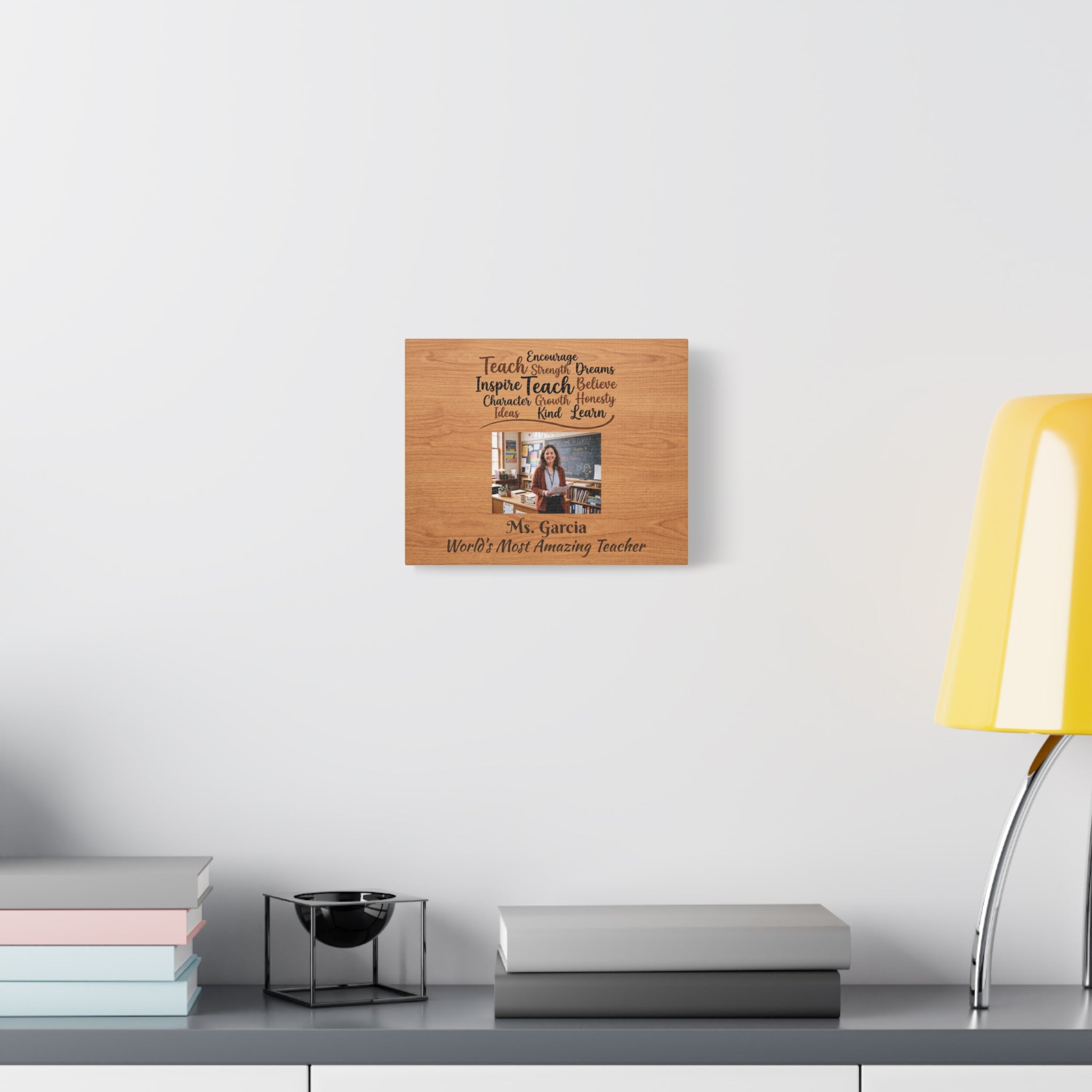 Personalized Teacher Canvas Print — Custom Photo, Name & Message Wood Grain Wall Art