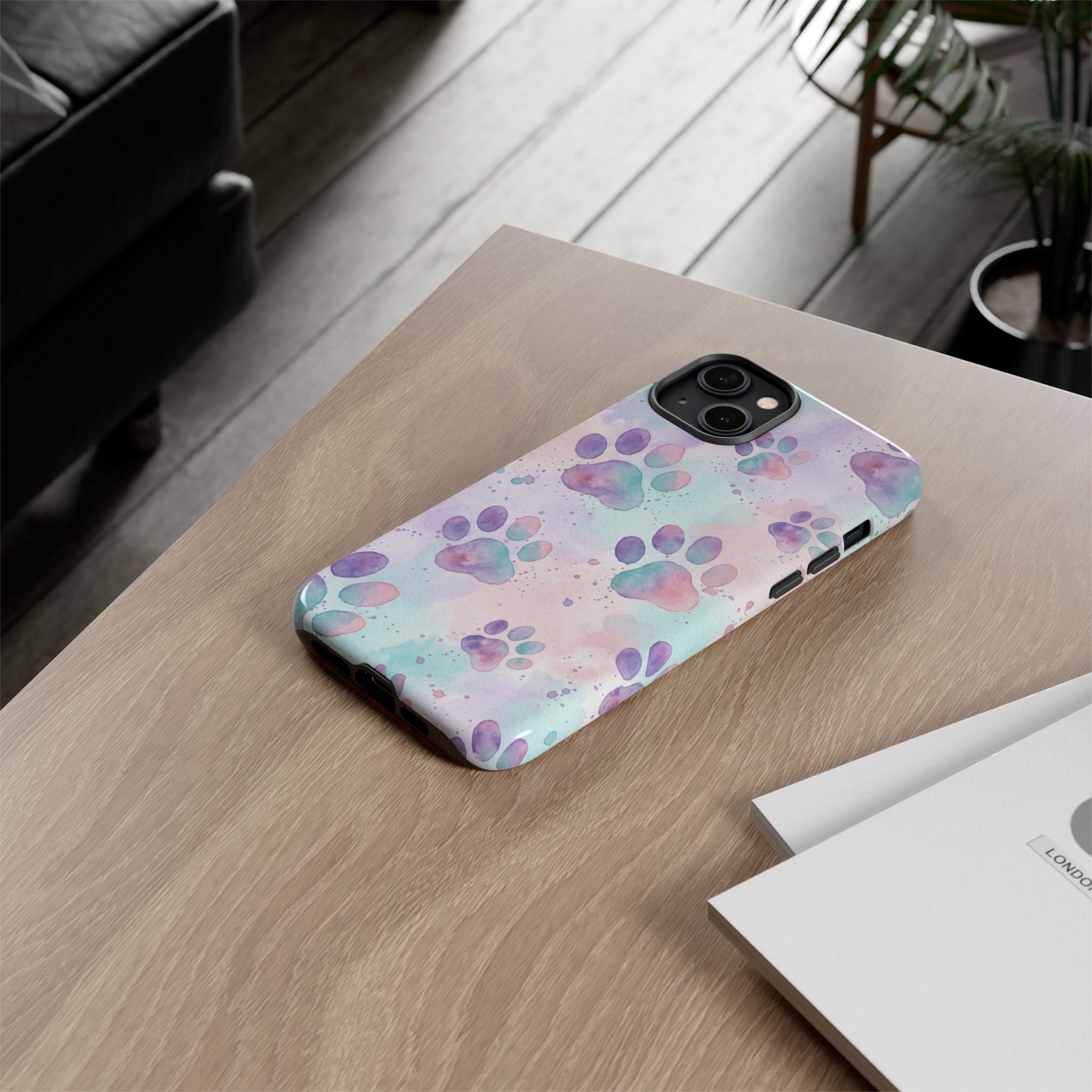 Watercolor Paw Print Phone Case | Pastel Purple, Teal & Pink Artistic Pattern | Samsung & iPhone