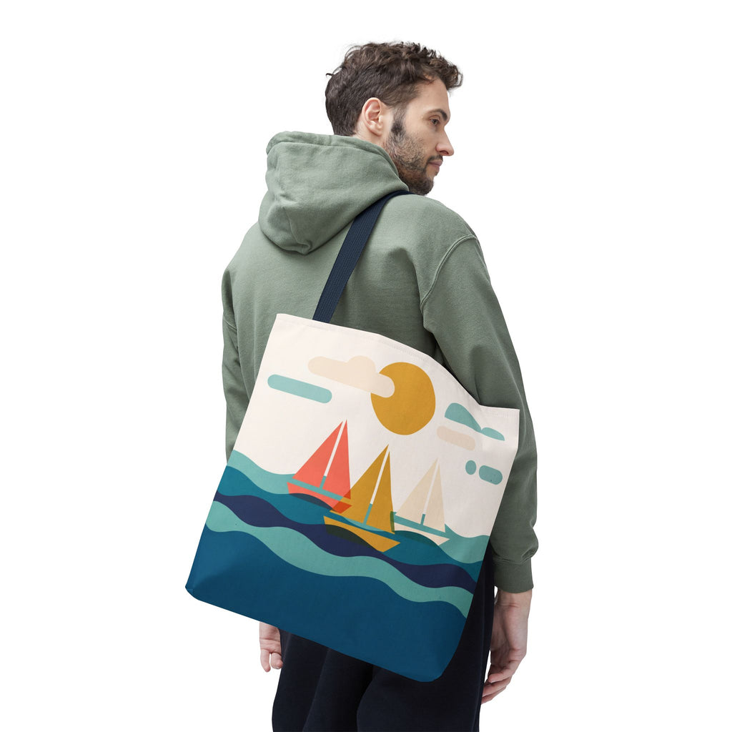 Minimalist Sailboat Tote Bag – Mid-Century Modern Ocean Waves Beach Bag