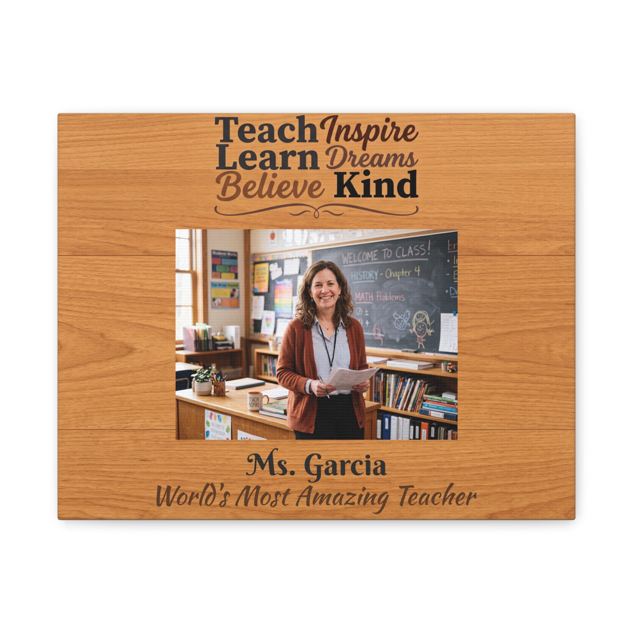 Personalized Teacher Canvas Print — Custom Photo, Name & Message Wood Grain Wall Art