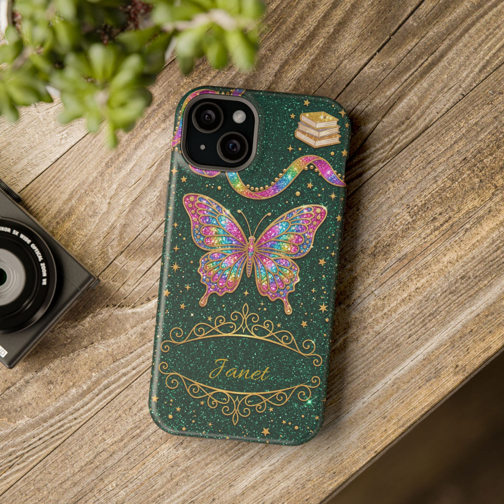 Rainbow Glitter Butterfly Personalized Teacher Phone Case — Wireless Charging Cover