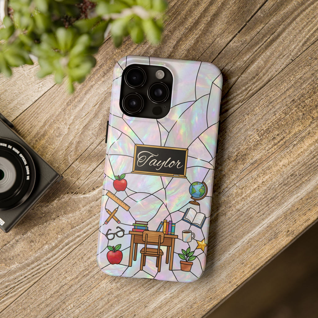 Personalized Teacher Phone Case — Custom Name Stained Glass Classroom Design