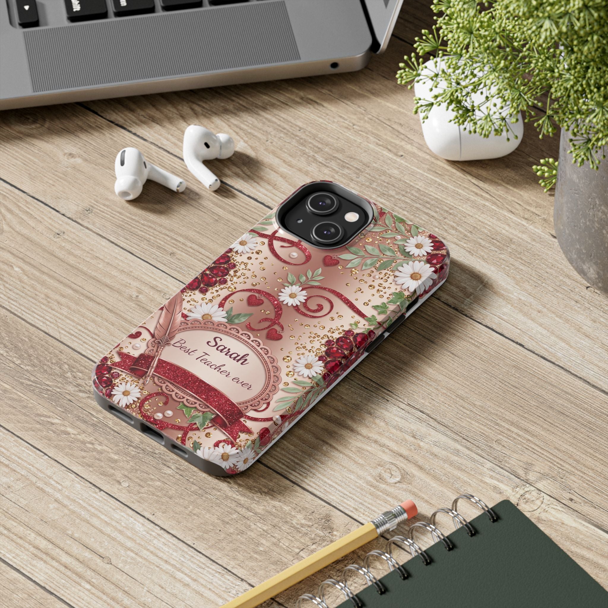 Personalized Teacher Phone Case — Custom Name and Message - Floral Jeweled Design