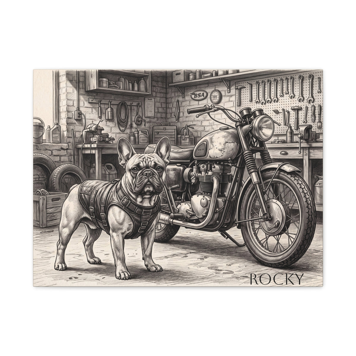 French Bulldog Motorcycle Garage Sketch Personalized Canvas | Vintage Biker Wall Art