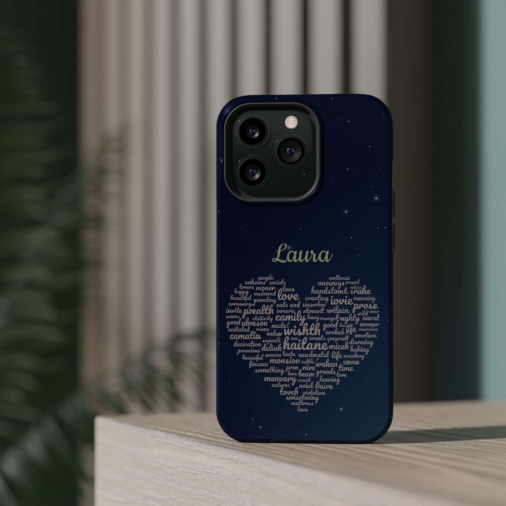 Personalized Teacher Heart Word Art Phone Case — Navy Wireless Charging Cover