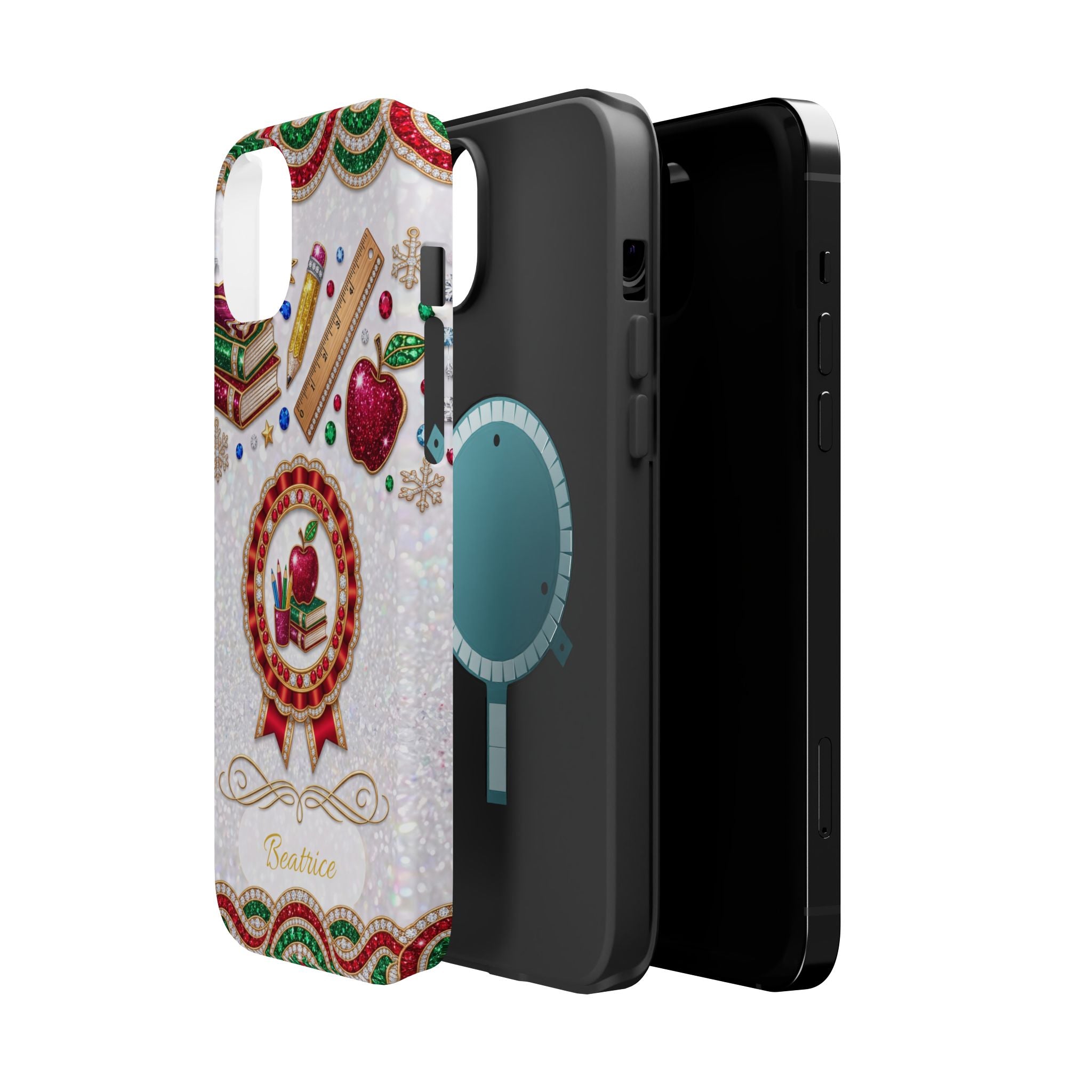Jeweled Apple Medallion Personalized Teacher Phone Case — Wireless Charging Cover