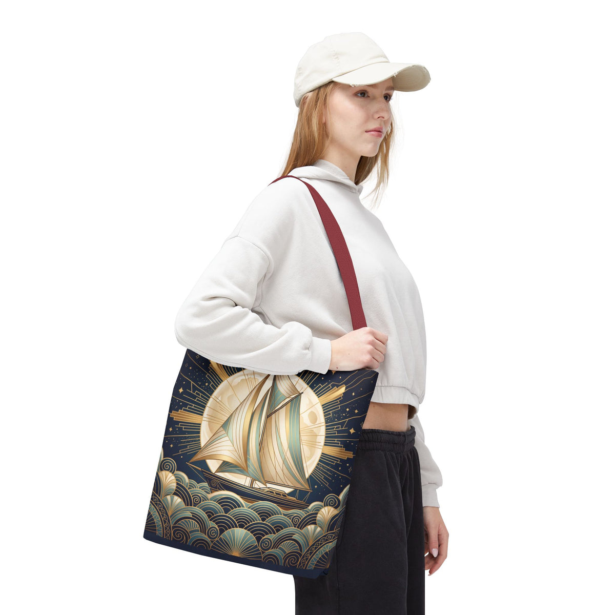 Art Deco Moonlit Sailboat Tote Bag – Starry Night Nautical Beach Bag