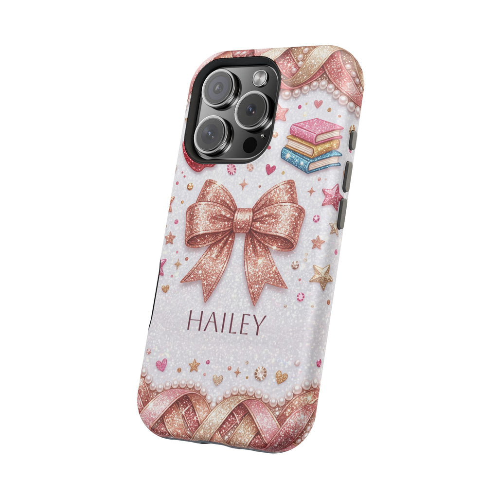 Rose Gold Glitter Bow Personalized Teacher Phone Case — Wireless Charging Cover