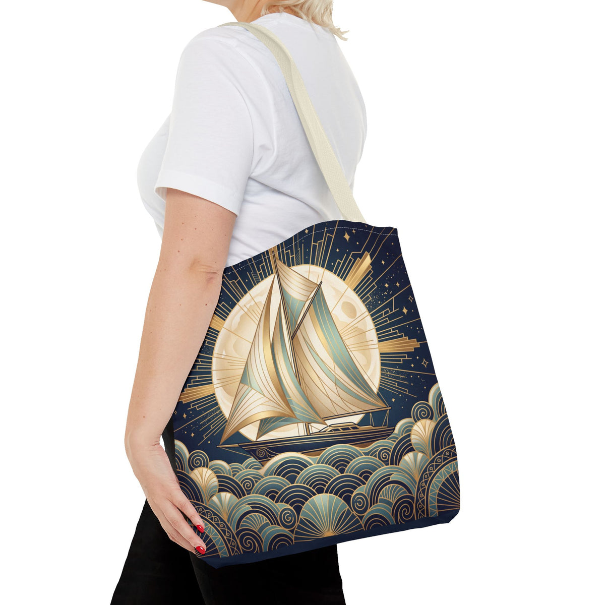 Art Deco Moonlit Sailboat Tote Bag – Starry Night Nautical Beach Bag