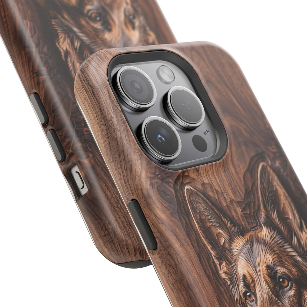 German Shepherd Phone Case | Carved Walnut Art — Tough Magnetic Case with Wireless Charging