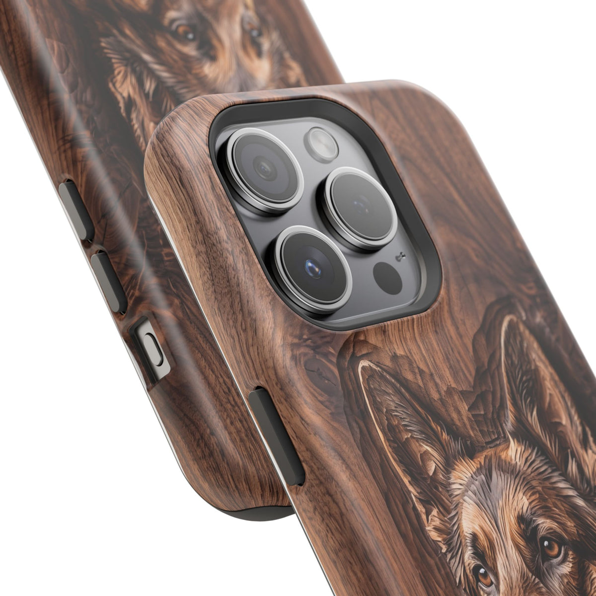German Shepherd Phone Case | Carved Walnut Art — Tough Magnetic Case with Wireless Charging