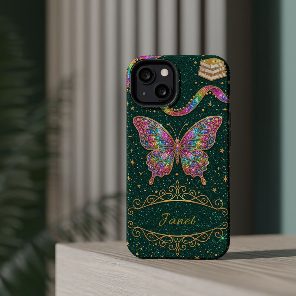 Rainbow Glitter Butterfly Personalized Teacher Phone Case — Wireless Charging Cover