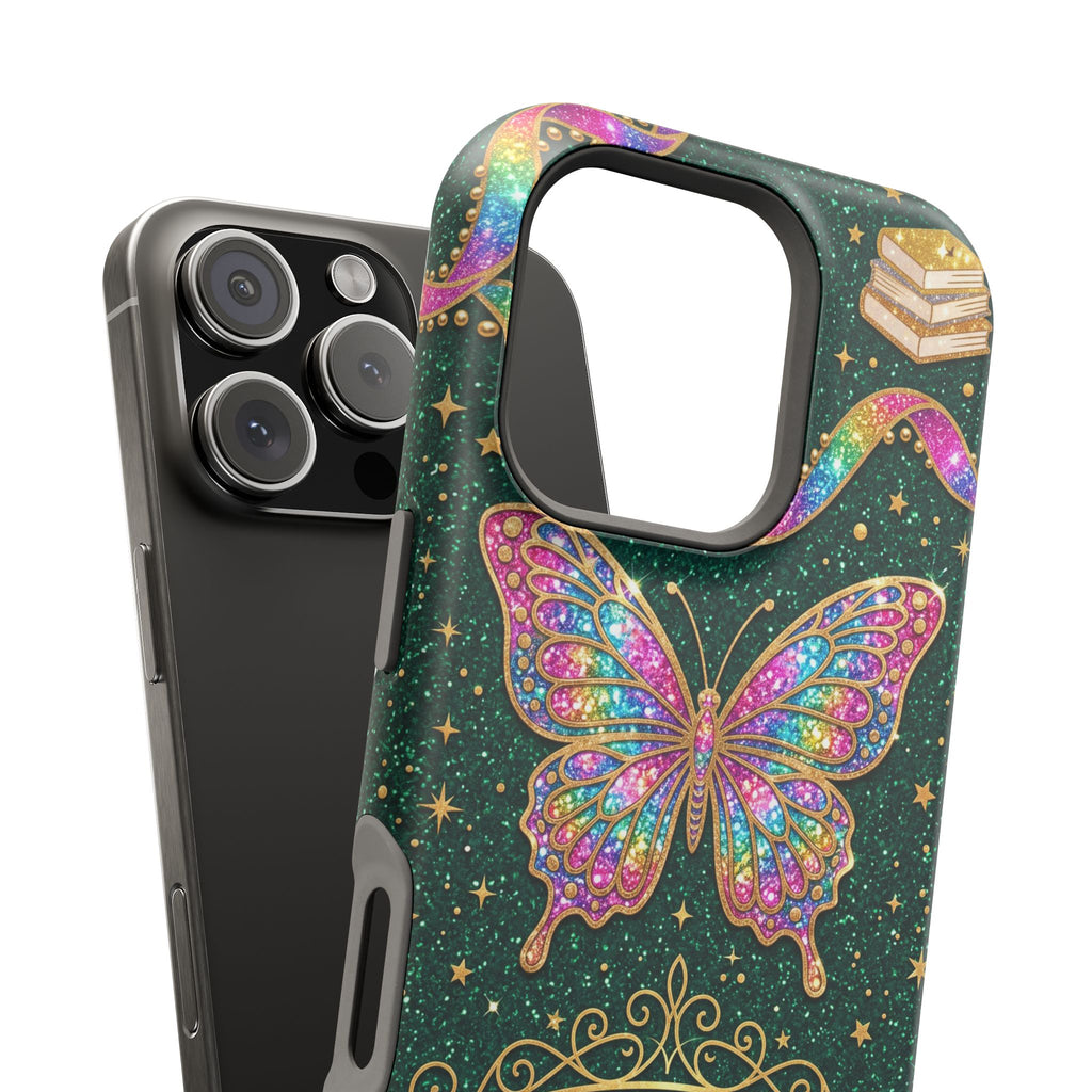 Rainbow Glitter Butterfly Personalized Teacher Phone Case — Wireless Charging Cover
