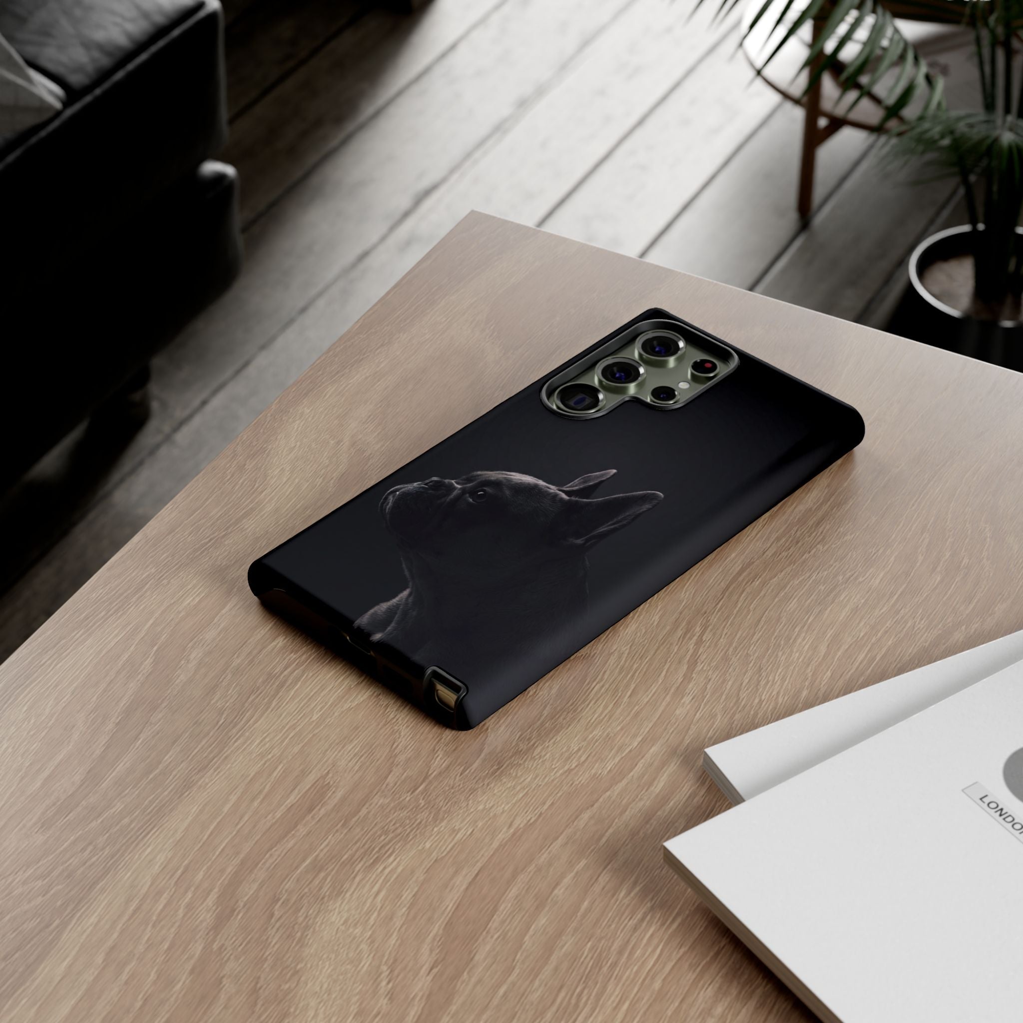 Silhouette French Bulldog Phone Case | Minimalist Black-on-Black Frenchie Profile | iPhone & Samsung