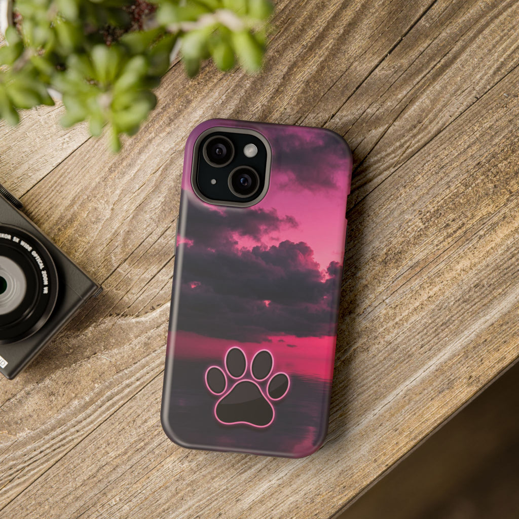 iPhone & Samsung Magnetic Impact-Resistant Phone Case — Pink Twilight Cloud with Paw Print