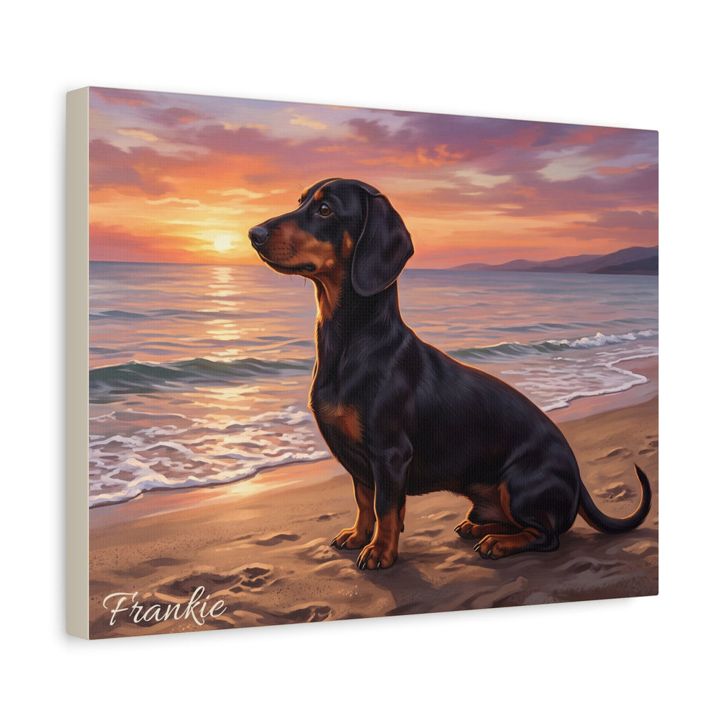 Personalized Dachshund Canvas — Coastal Sunset Scene