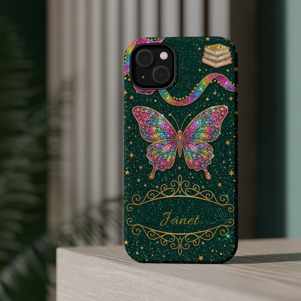 Rainbow Glitter Butterfly Personalized Teacher Phone Case — Wireless Charging Cover
