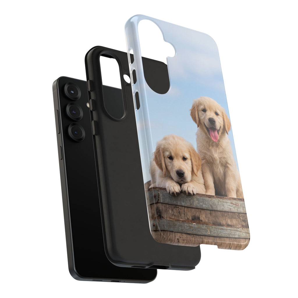 Golden Retriever Puppies on Barrel Phone Case | Cute Duo Under Blue Sky | iPhone & Samsung