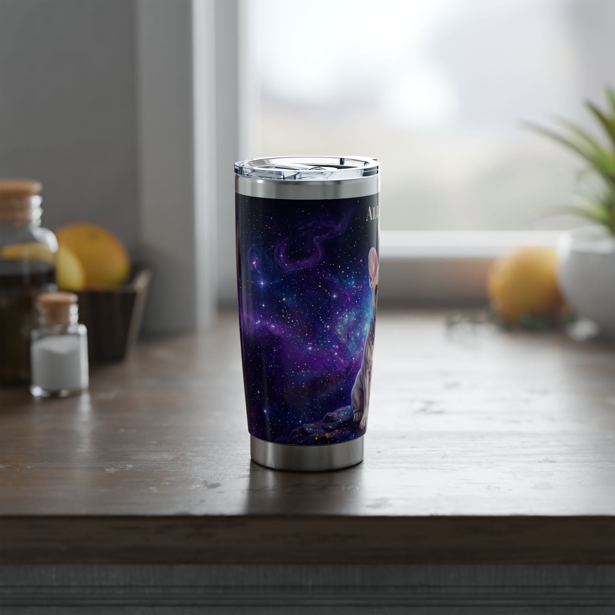 Personalized Frenchie Tumbler – Purple Galaxy Travel Mug, Custom Name Gift for Dog Lover