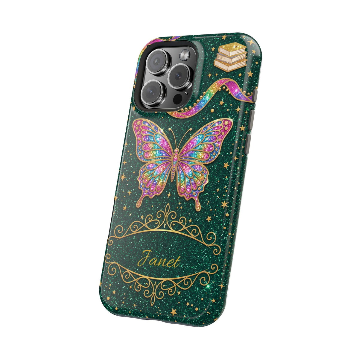 Rainbow Glitter Butterfly Personalized Teacher Phone Case — Wireless Charging Cover