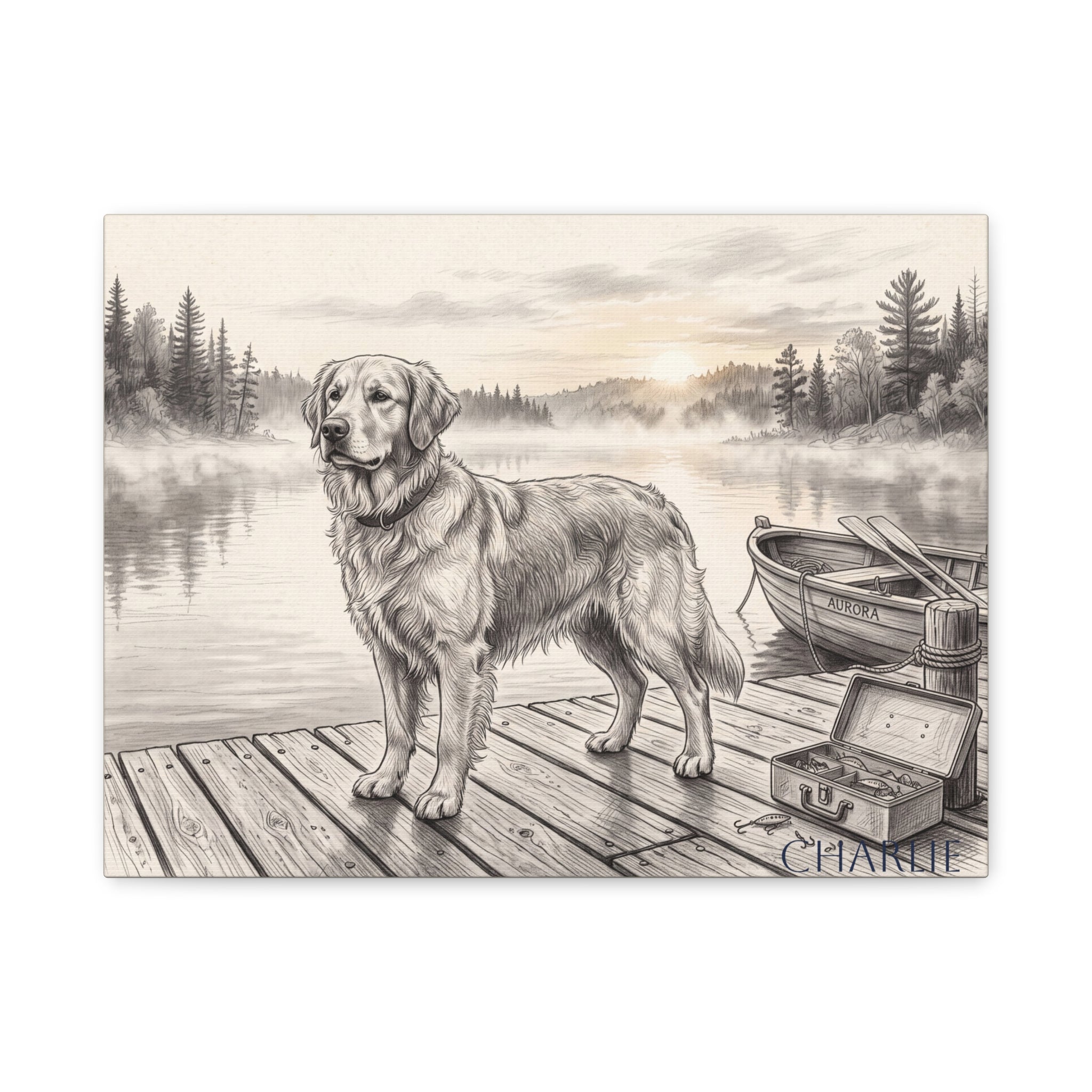Golden Retriever Lakeside Dock Sketch Personalized Canvas | Misty Lake Wall Art