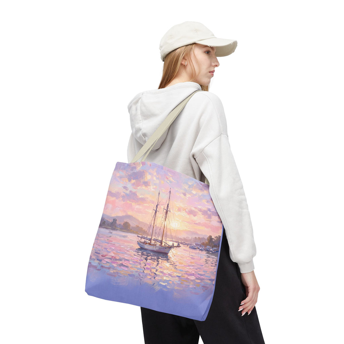 Pastel Sailboat Tote Bag – Impressionist Sunset Harbor Beach Bag
