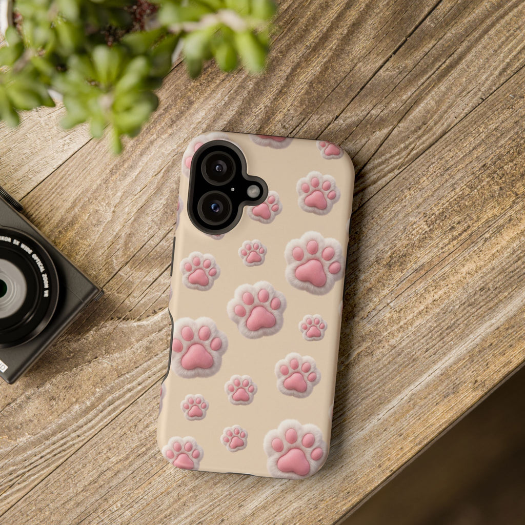 Pink Paw Print Phone Case — Impact-Resistant Wireless Charging Cover