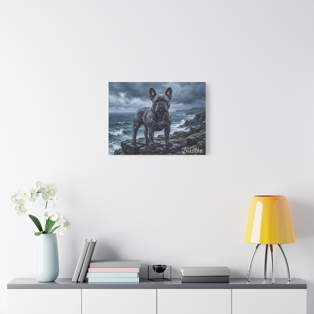 French Bulldog Personalized Canvas | Blue Frenchie Stormy Coastal Cliff Wall Art