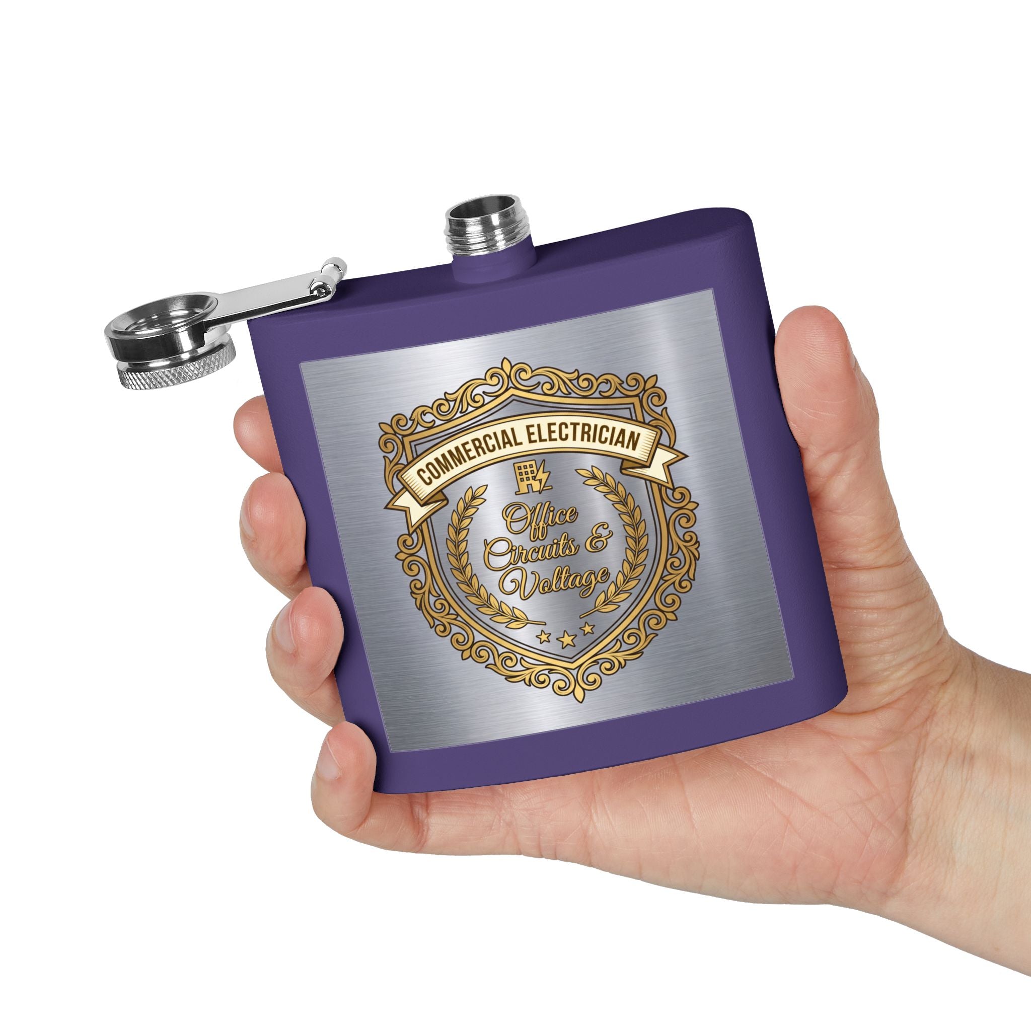 Flask — "Commercial Electrician: Office Circuits & Voltage" (Shield Badge) 6oz Stainless Steel Hip Flask