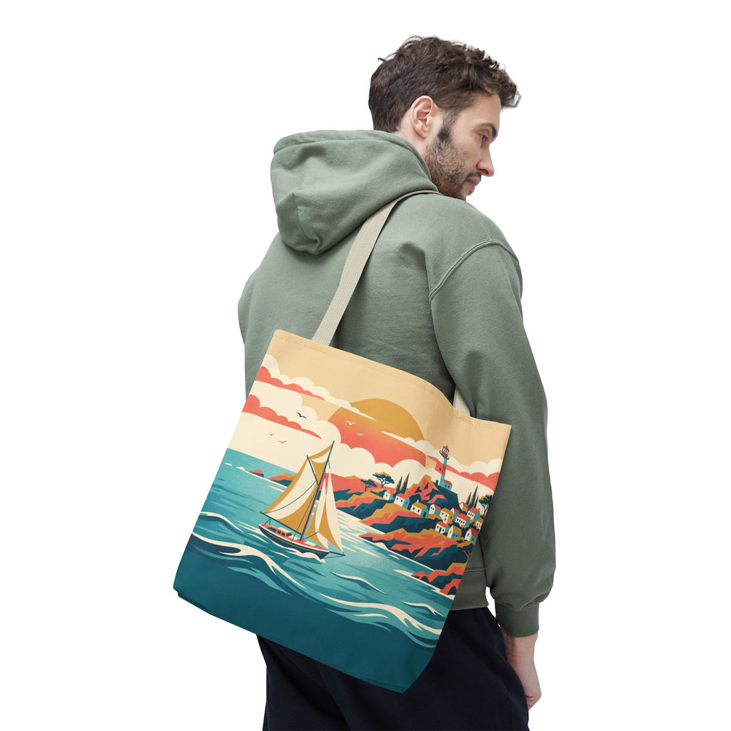 Coastal Lighthouse Sailboat Tote Bag – Retro Seaside Sunset Beach Bag