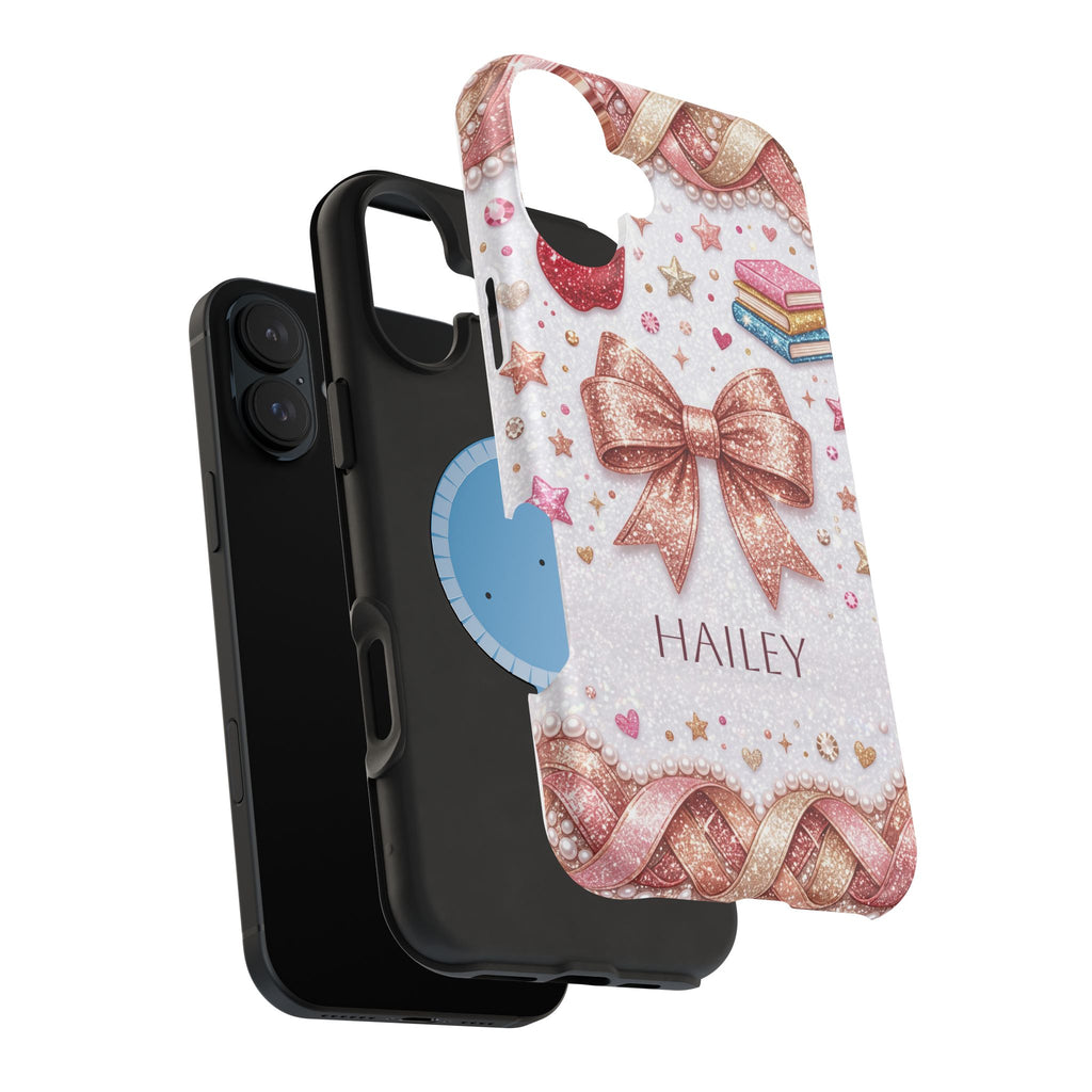 Rose Gold Glitter Bow Personalized Teacher Phone Case — Wireless Charging Cover